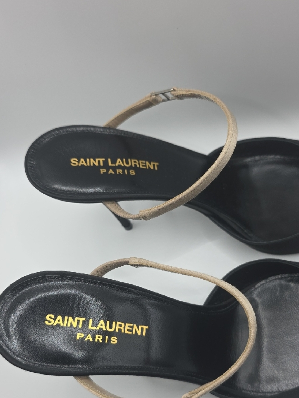 Saint Laurent Black Pointed Slingback Heels with Tan Strap - Picture 5 of 14